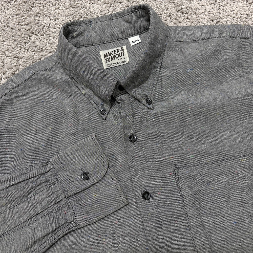 Naked & Famous Shirt Gray Donegal Speckles Button Down Cotton Long Sleeve Medium